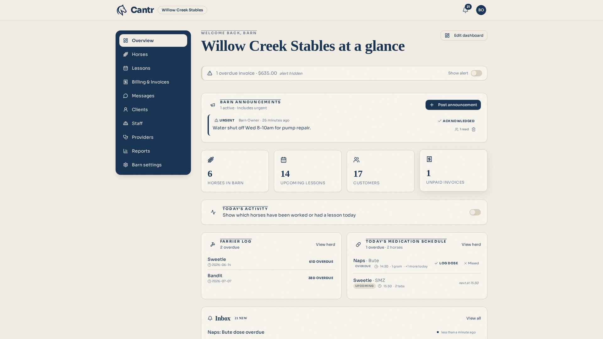 Cantr dashboard — the barn at a glance