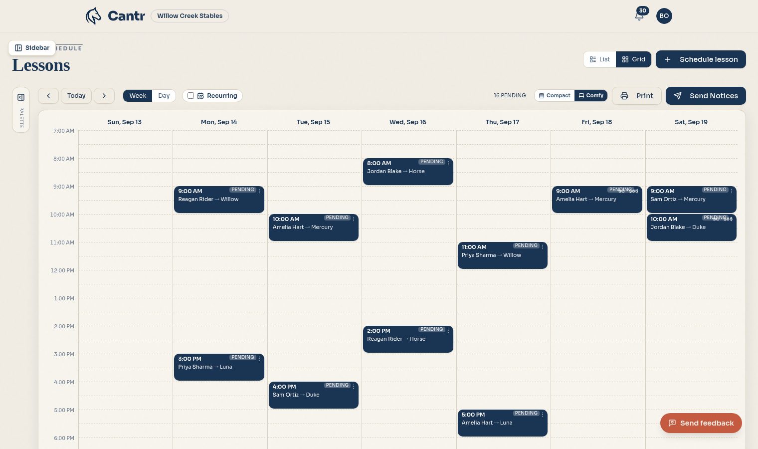 Cantr lesson calendar on a tablet