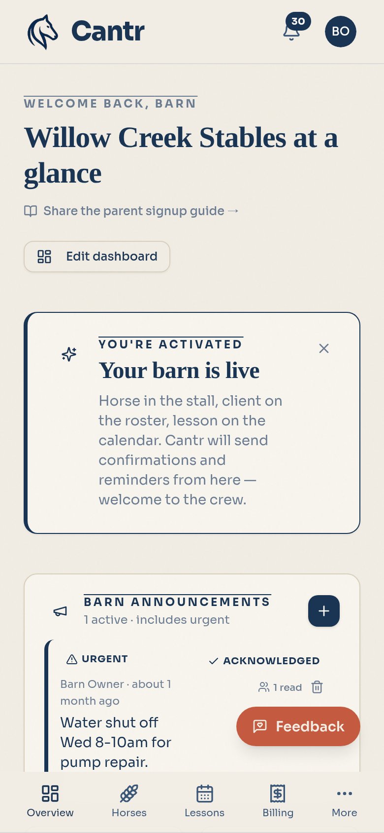 Cantr Dashboard on a phone — Willow Creek Stables at a glance