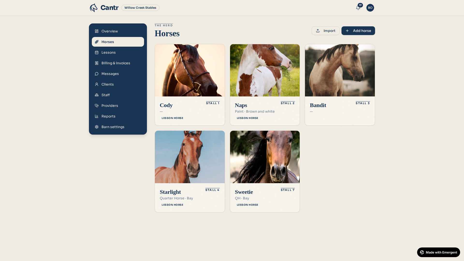 Cantr horse roster — tile view of every horse in the barn