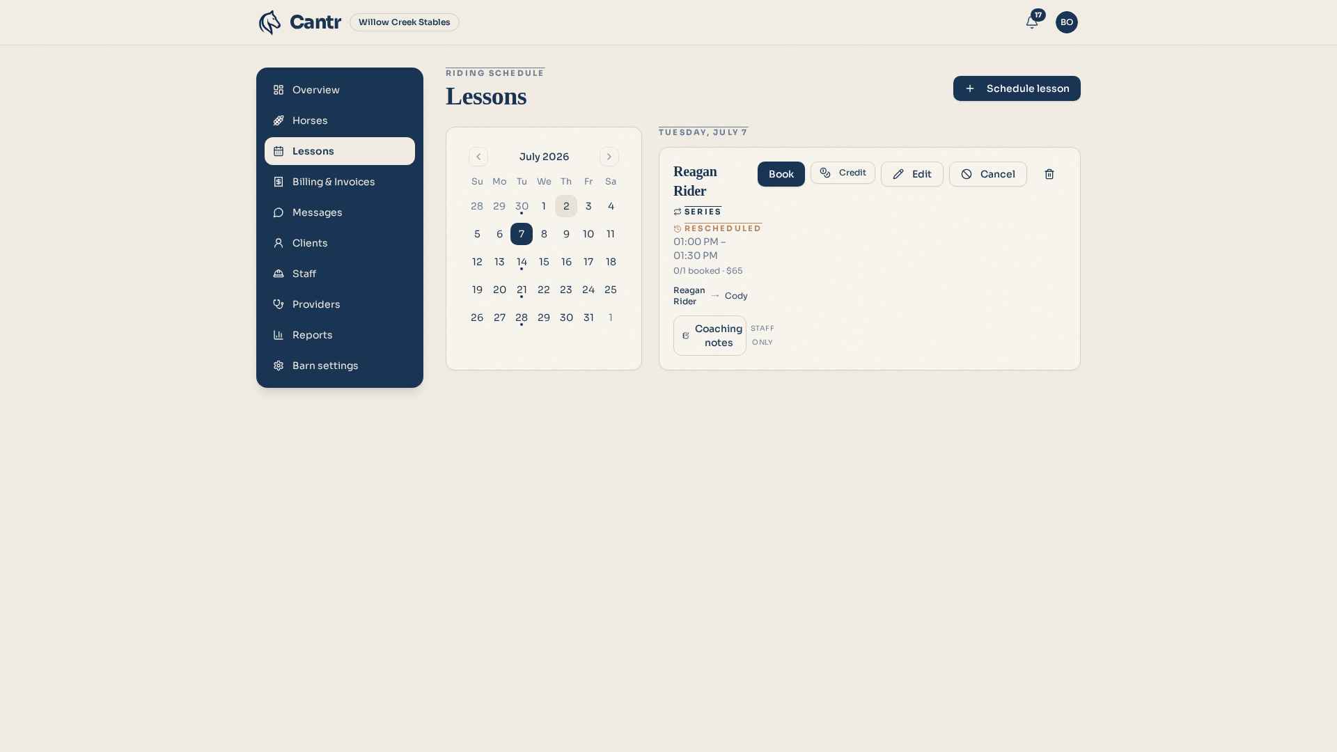 Cantr lesson scheduling calendar